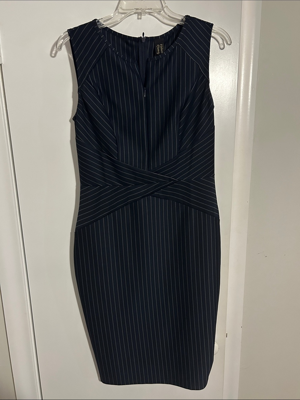 VfEmage Navy Pinstripe Midi Sheath Dress